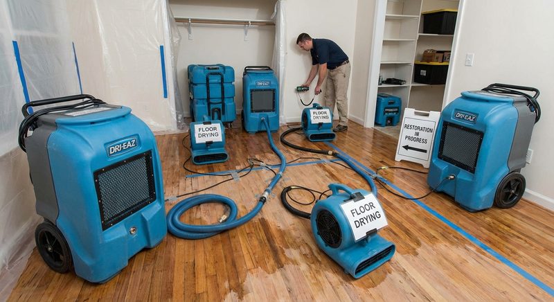 Water damage drying equipment in hurricane damaged home