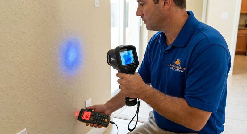 Professional water damage inspection with thermal camera