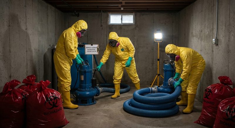 Professional sewage cleanup crew in protective equipment